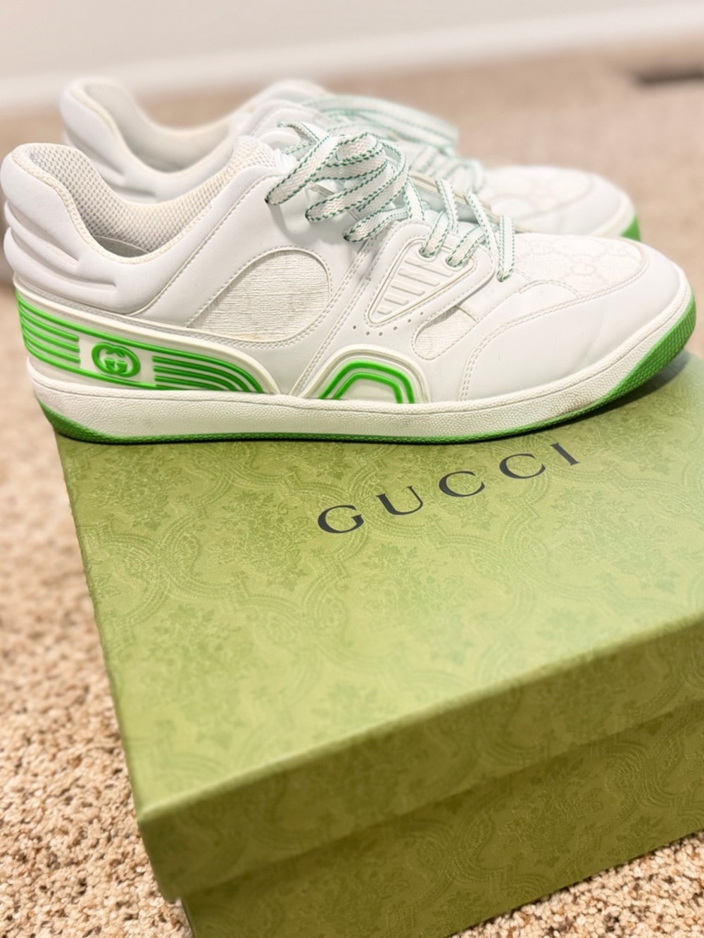 Gucci White Sneakers with Neon Green Accents